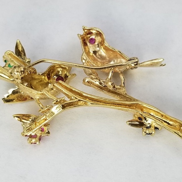 14k Gold Ruby, Emerald, Sapphire Bird Brooch Pin - Picture 5 of 8